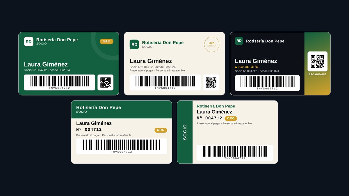Cinco modelos de carnet de socio de TM Ventas, con código de barras y QR