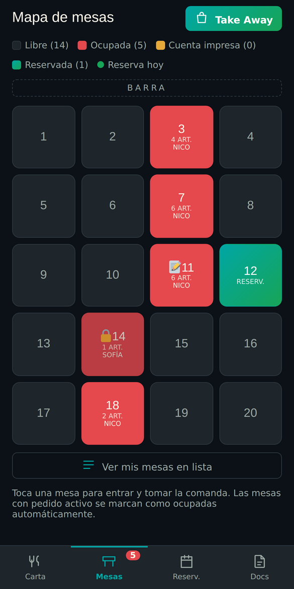 El plano del salón en el celular de un mozo, con las mesas ocupadas en rojo y quién atiende cada una