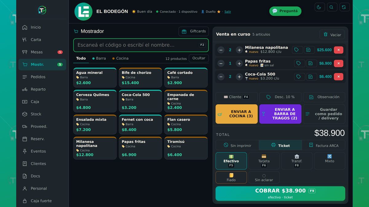El mostrador de TM Ventas: a la izquierda los productos, a la derecha la venta con el total y el botón de cobrar