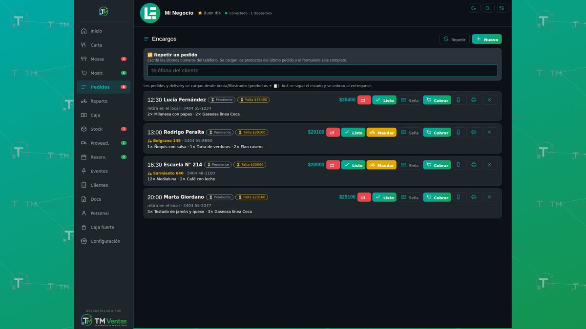 Pantalla de pedidos y reparto de TM Ventas